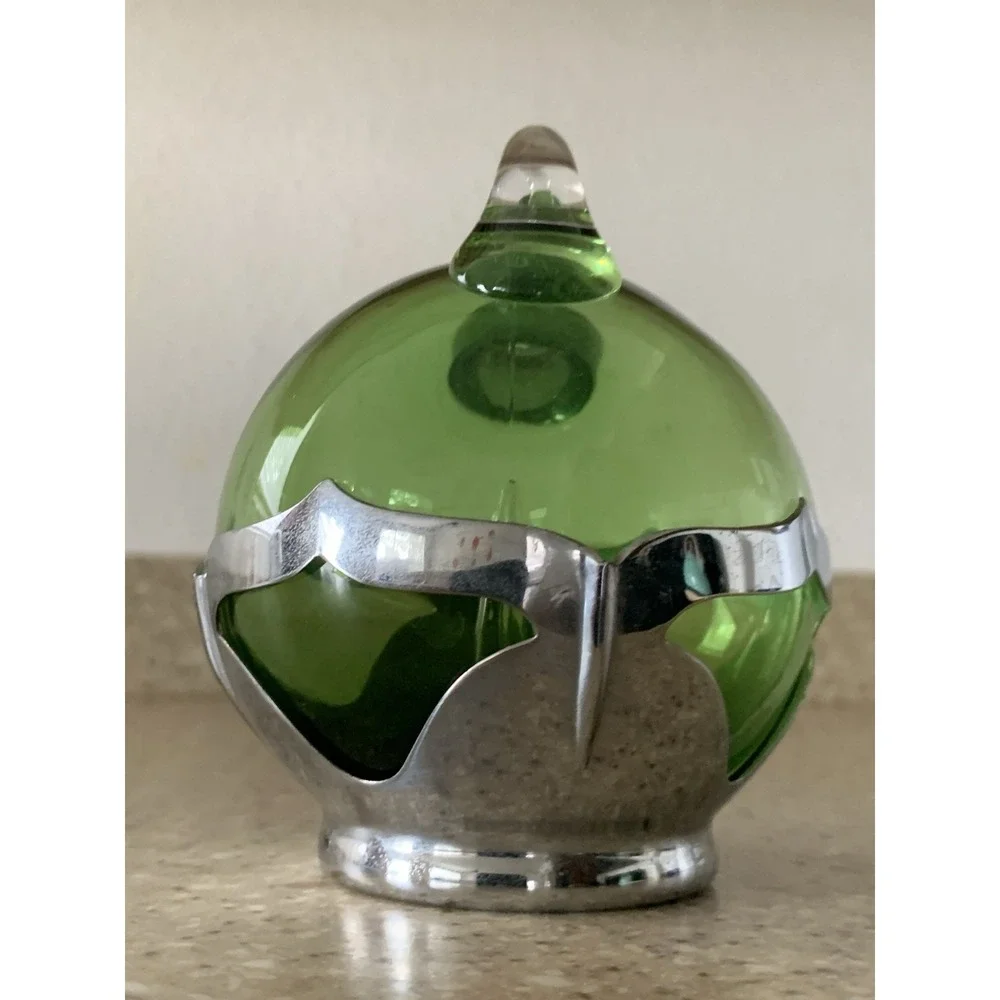 Cambridge Glass Farber Bros Tilt Green Ball Decanter Krome Kraft Art Deco 1930s